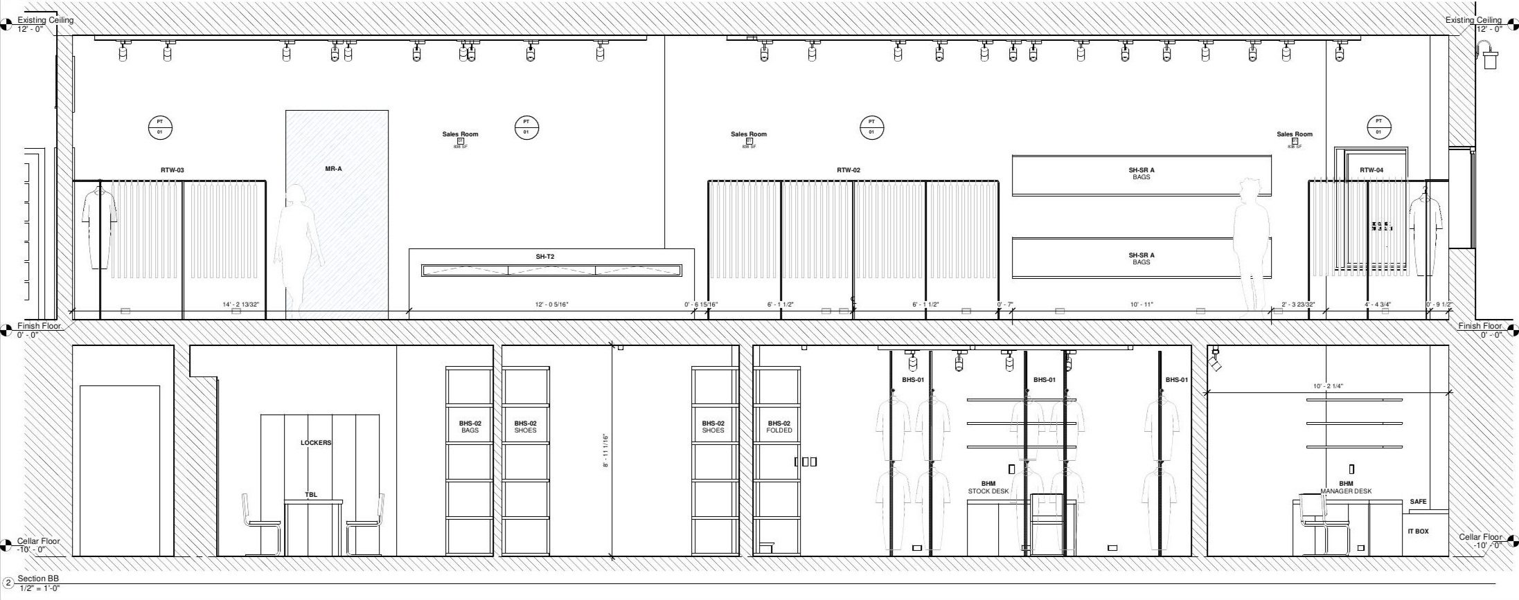 Section BB: cellar and ground floor section showing back-of-